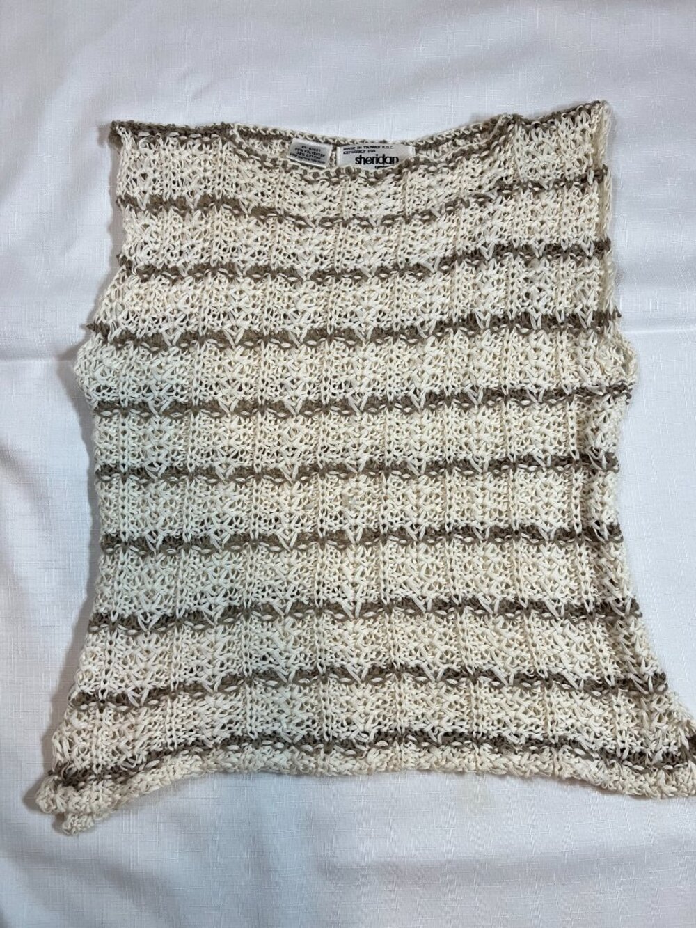 Vintage Sheridan Unique Crochet Knit Tank Top L Cream Taupe Open Weave Boho